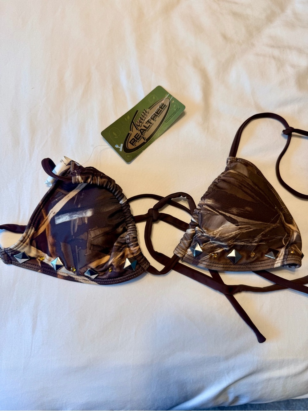 Camouflage Studded Triangle Bikini Top - Brown/Green Camo